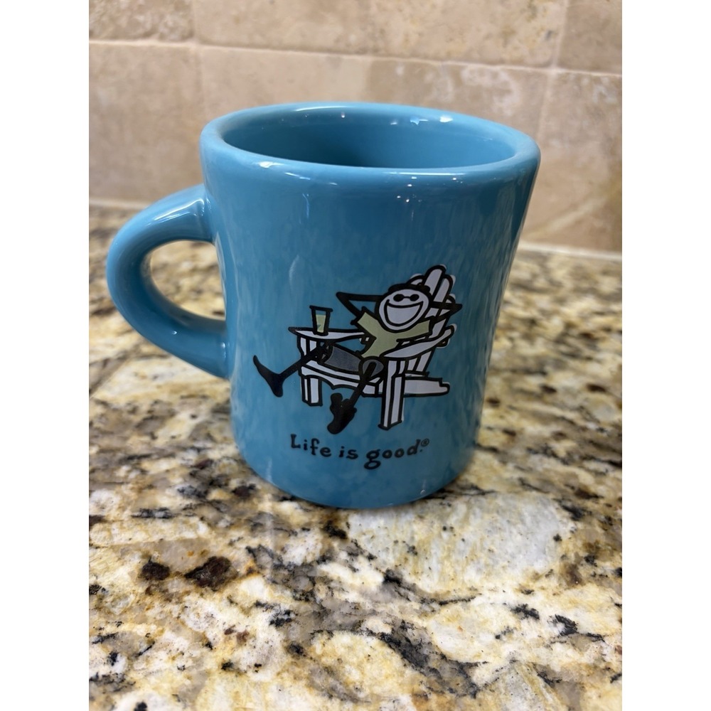 Life is Good Mug Jake in Adirondack Chair Aqua Teal Beach Camping Outdoor Life